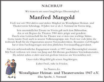 Traueranzeige von Manfred Mangold von Der Westallgäuer