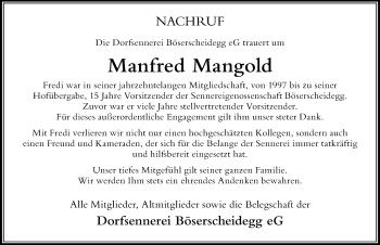 Traueranzeige von Manfred Mangold von Der Westallgäuer