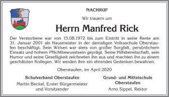 Traueranzeige von Manfred Rick von Allgäuer Anzeigeblatt