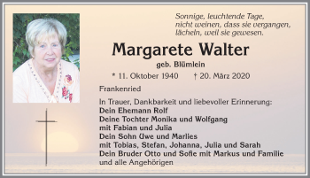 Traueranzeige von Margarete Walter von Allgäuer Zeitung, Kaufbeuren/Buchloe