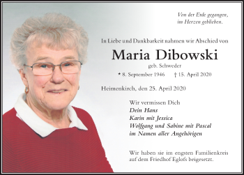 Traueranzeige von Maria Dibowski von Der Westallgäuer