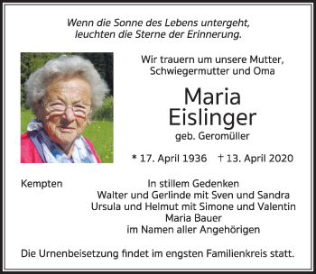 Traueranzeige von Maria Eislinger von Allgäuer Zeitung,Kempten