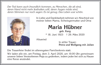 Traueranzeige von Maria Hübner von Allgäuer Zeitung,Kempten