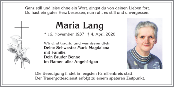 Traueranzeige von Maria Lang von Allgäuer Zeitung, Kaufbeuren/Buchloe