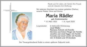 Traueranzeige von Maria Rädler von Allgäuer Zeitung,Kempten