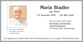 Traueranzeige von Maria Stadler von Allgäuer Zeitung, Kaufbeuren/Buchloe