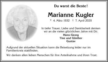 Traueranzeige von Marianne Kugler von Allgäuer Zeitung, Kaufbeuren/Buchloe