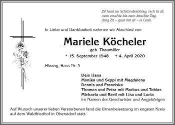 Traueranzeige von Mariele Köcheler von Allgäuer Anzeigeblatt