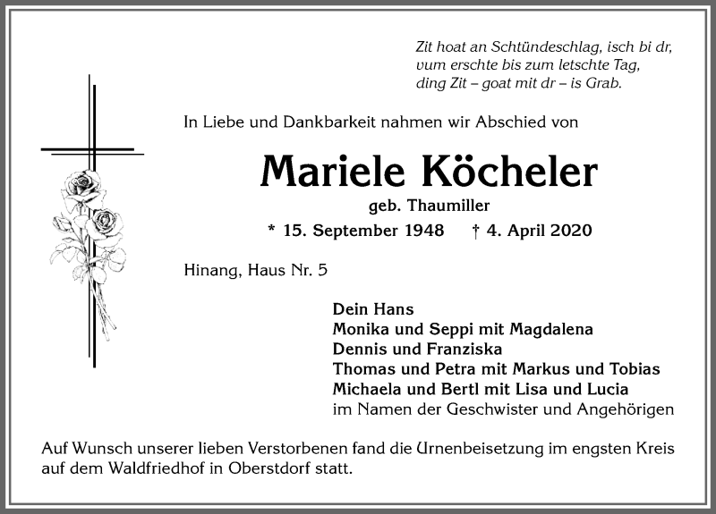  Traueranzeige für Mariele Köcheler vom 18.04.2020 aus Allgäuer Anzeigeblatt