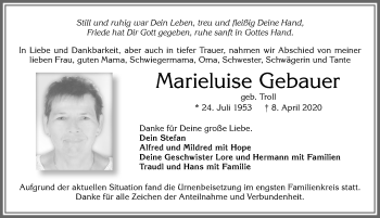 Traueranzeige von Marieluise Gebauer von Allgäuer Zeitung, Füssen