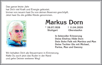 Traueranzeige von Markus Dorn von Allgäuer Anzeigeblatt