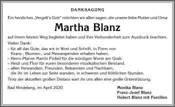 Traueranzeige von Martha Blanz von Allgäuer Anzeigeblatt