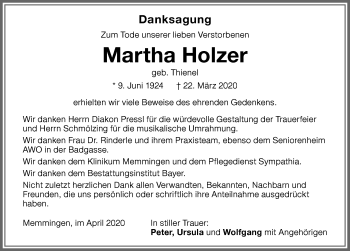 Traueranzeige von Martha Holzer von Memminger Zeitung