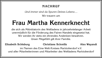 Traueranzeige von Martha Kennerknecht von Allgäuer Zeitung, Marktoberdorf