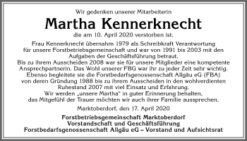 Traueranzeige von Martha Kennerknecht von Allgäuer Zeitung, Marktoberdorf