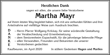 Traueranzeige von Martha Mayr von Allgäuer Zeitung, Kaufbeuren/Buchloe
