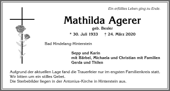 Traueranzeige von Mathilda Agerer von Allgäuer Anzeigeblatt
