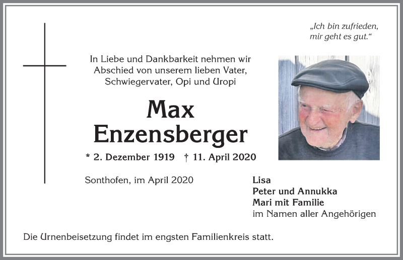  Traueranzeige für Max Enzensberger vom 16.04.2020 aus Allgäuer Anzeigeblatt