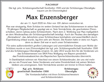 Traueranzeige von Max Enzensberger von Allgäuer Anzeigeblatt
