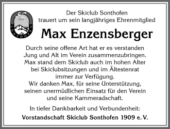 Traueranzeige von Max Enzensberger von Allgäuer Anzeigeblatt