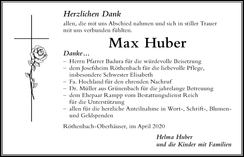  Traueranzeige für Max Huber vom 15.04.2020 aus Der Westallgäuer