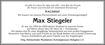 Traueranzeige von Max Stiegeler von Memminger Zeitung