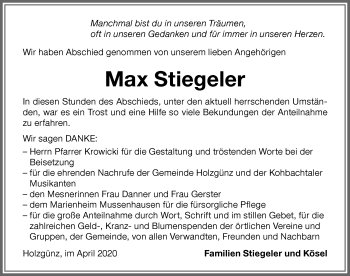 Traueranzeige von Max Stiegeler von Memminger Zeitung