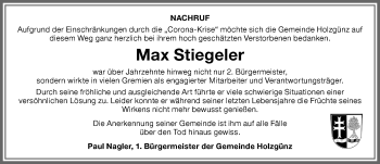 Traueranzeige von Max Stiegeler von Memminger Zeitung
