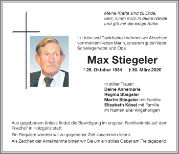 Traueranzeige von Max Stiegeler von Memminger Zeitung