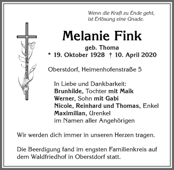 Traueranzeige von Melanie Fink von Allgäuer Anzeigeblatt