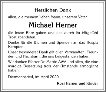 Traueranzeige von Michael Herner von Allgäuer Zeitung,Kempten
