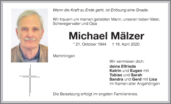 Traueranzeige von Michael Mälzer von Memminger Zeitung