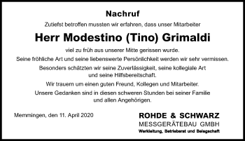 Traueranzeige von Modestino Grimaldi von Memminger Zeitung