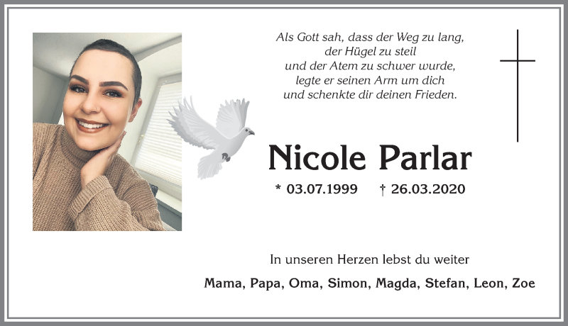  Traueranzeige für Nicole Parlar vom 03.04.2020 aus Allgäuer Anzeigeblatt