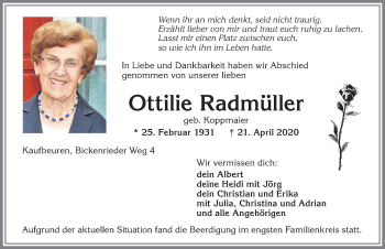 Traueranzeige von Ottilie Radmüller von Allgäuer Zeitung, Kaufbeuren/Buchloe