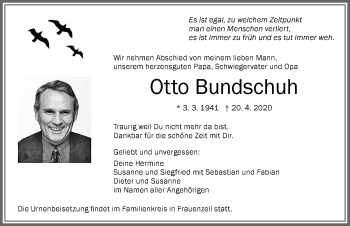 Traueranzeige von Otto Bundschuh von Allgäuer Zeitung,Kempten