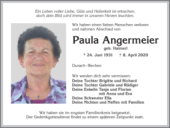 Traueranzeige von Paila Angermeier von Allgäuer Zeitung,Kempten