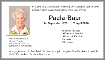 Traueranzeige von Paula Baur von Allgäuer Zeitung, Kaufbeuren/Buchloe