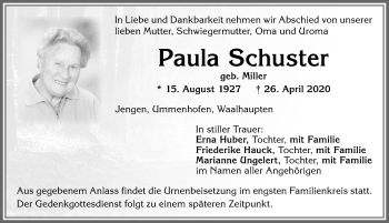 Traueranzeige von Paula Schuster von Allgäuer Zeitung, Kaufbeuren/Buchloe