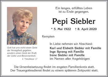 Traueranzeige von Pepi Siebler von Allgäuer Zeitung,Kempten