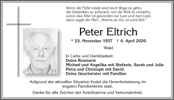 Traueranzeige von Peter Eltrich von Allgäuer Zeitung, Marktoberdorf