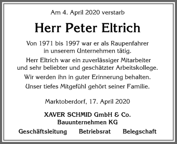 Traueranzeige von Peter Eltrich von Allgäuer Zeitung, Marktoberdorf