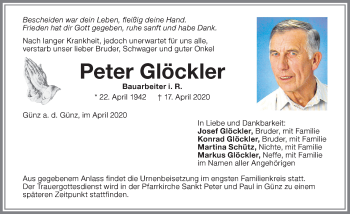 Traueranzeige von Peter Glöckler von Memminger Zeitung