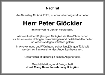 Traueranzeige von Peter Glöckler von Memminger Zeitung