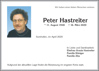 Traueranzeige von Peter Hastreiter von Allgäuer Anzeigeblatt