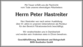 Traueranzeige von Peter Hastreiter von Allgäuer Anzeigeblatt