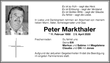 Traueranzeige von Peter Markthaler von Memminger Zeitung