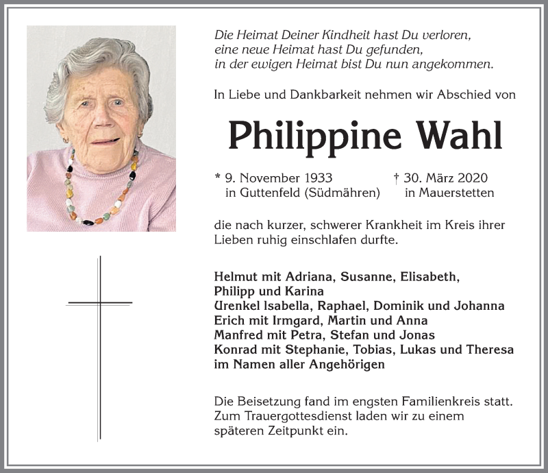  Traueranzeige für Philippine Wahl vom 04.04.2020 aus Allgäuer Zeitung, Kaufbeuren/Buchloe