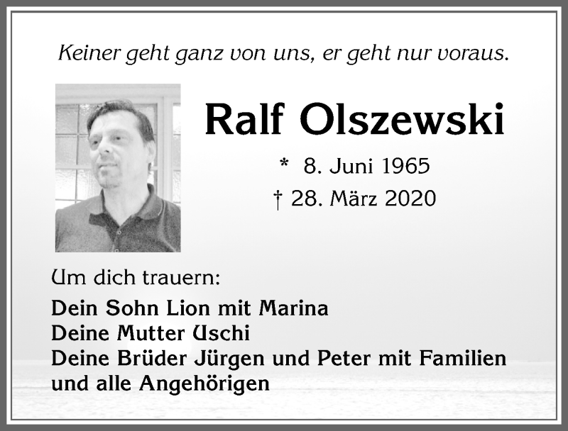  Traueranzeige für Ralf Olszewski vom 04.04.2020 aus Allgäuer Zeitung, Kaufbeuren/Buchloe
