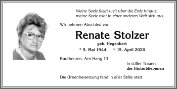 Traueranzeige von Renate Stolzer von Allgäuer Zeitung, Kaufbeuren/Buchloe